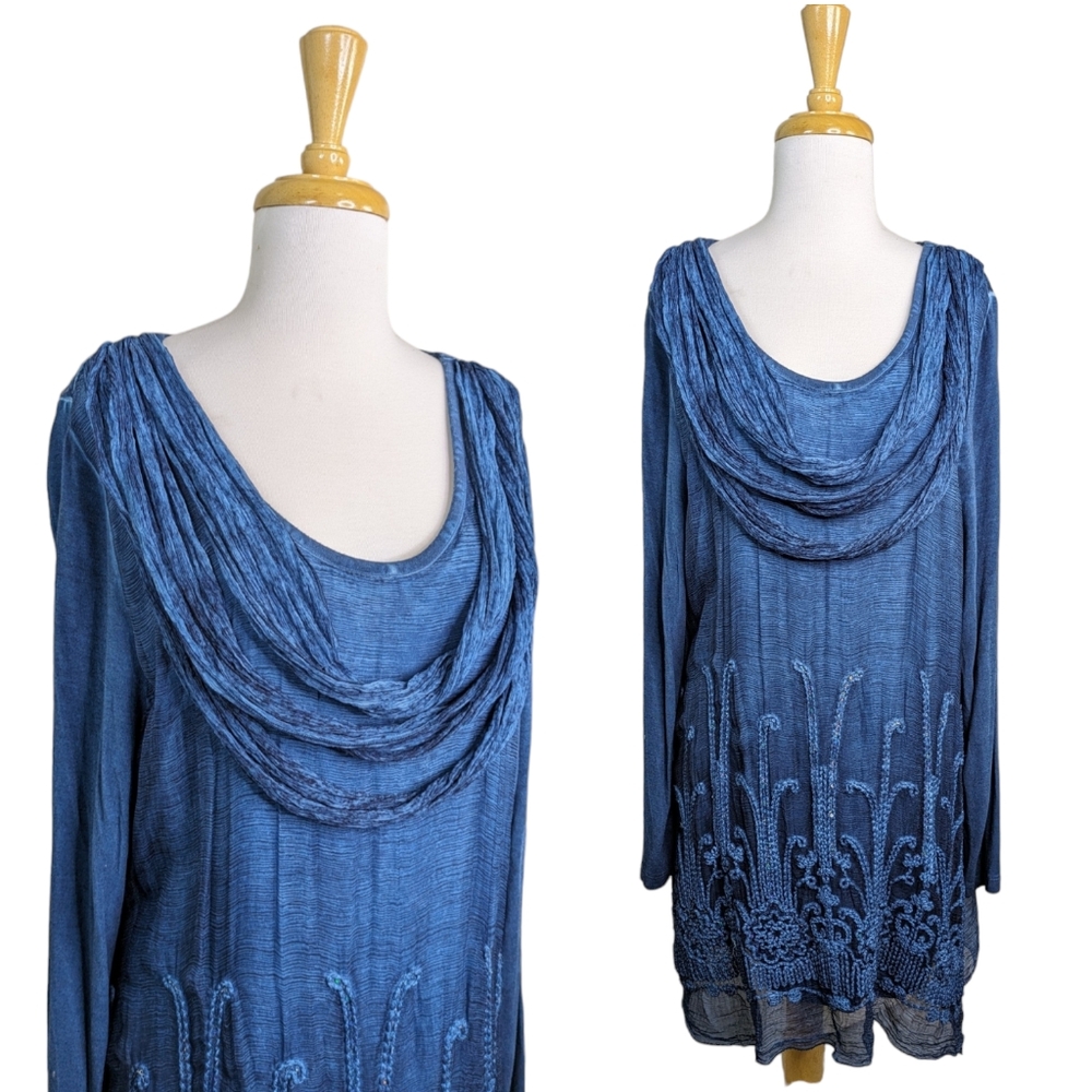 Soft Surroundings Silk Beaux Art Tunic Top XL Blue Embroidered Embellished Sequi